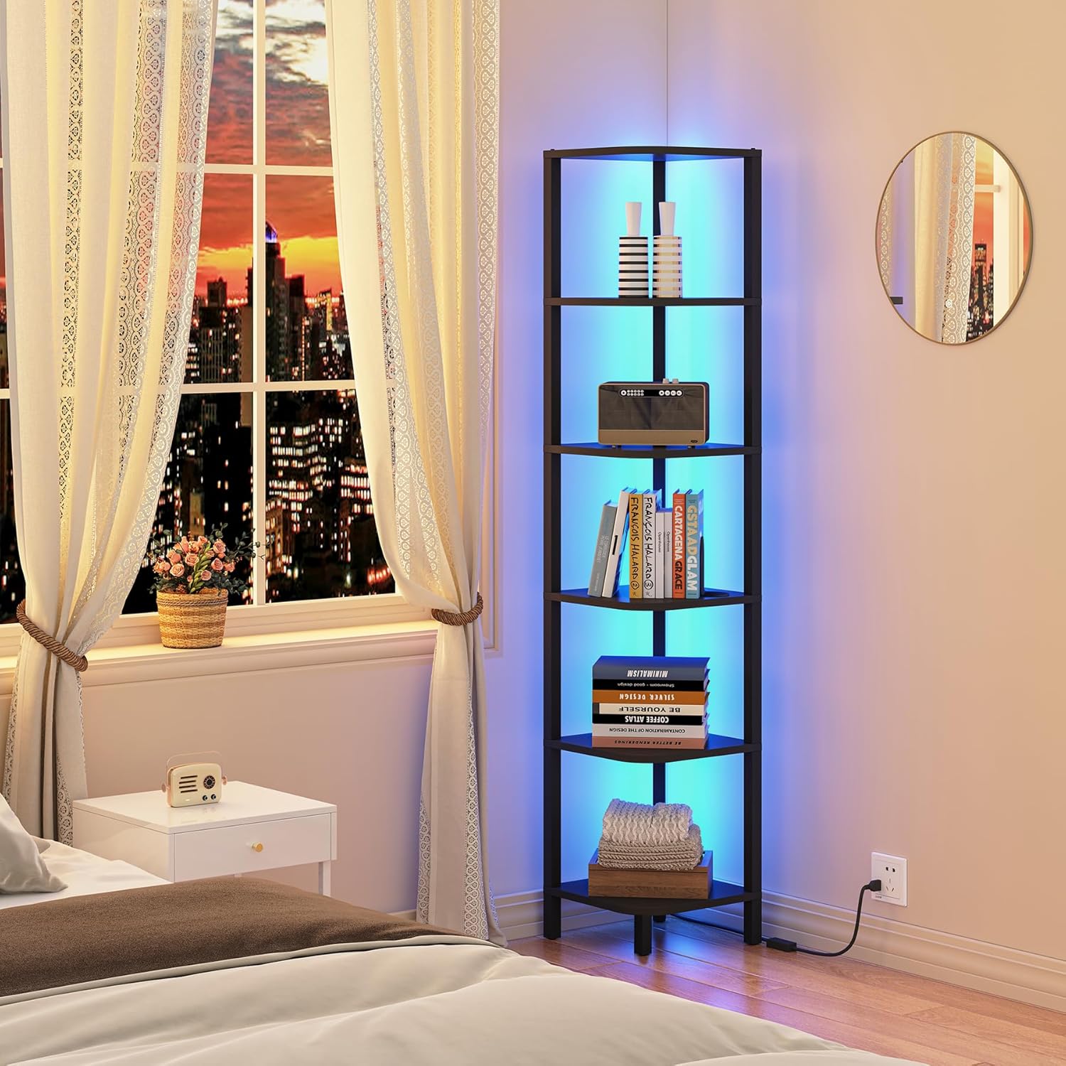 TUTOTAK 6-Tier Corner Bookshelf with LED Light,Corner Shelf for Small Space, Narrow Display Corner Shelf Stand with Storage Rack, for Living Room, Bedroom, Pure White V1BS05BW006L