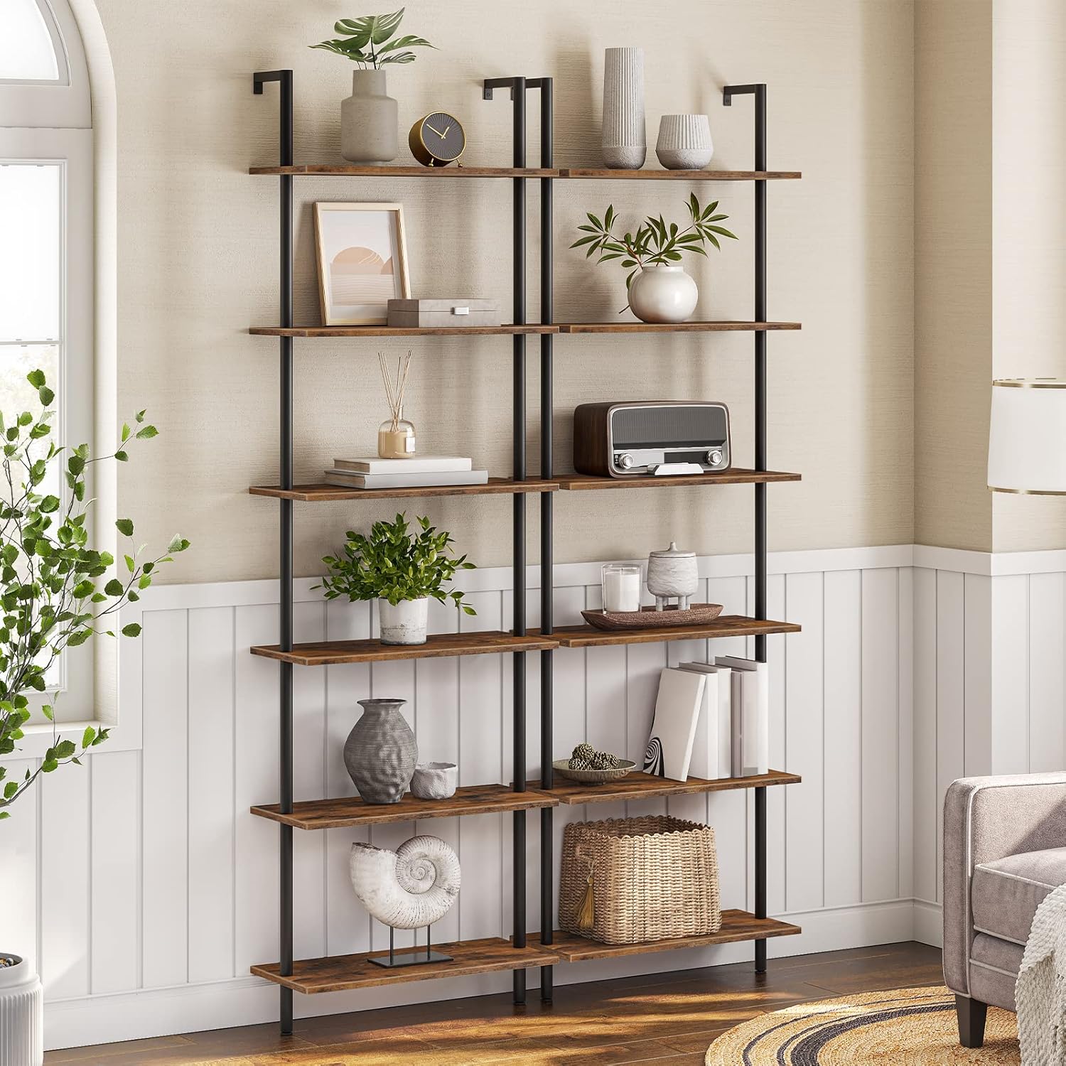 HOOBRO DIY Ladder Shelf, 6-Tier Wall Mounted Bookshelf, Office Vertical Bookcase, Wooden Storage Shelves for Home Office, Bedroom, Rustic Brown and Black BF65CJ01