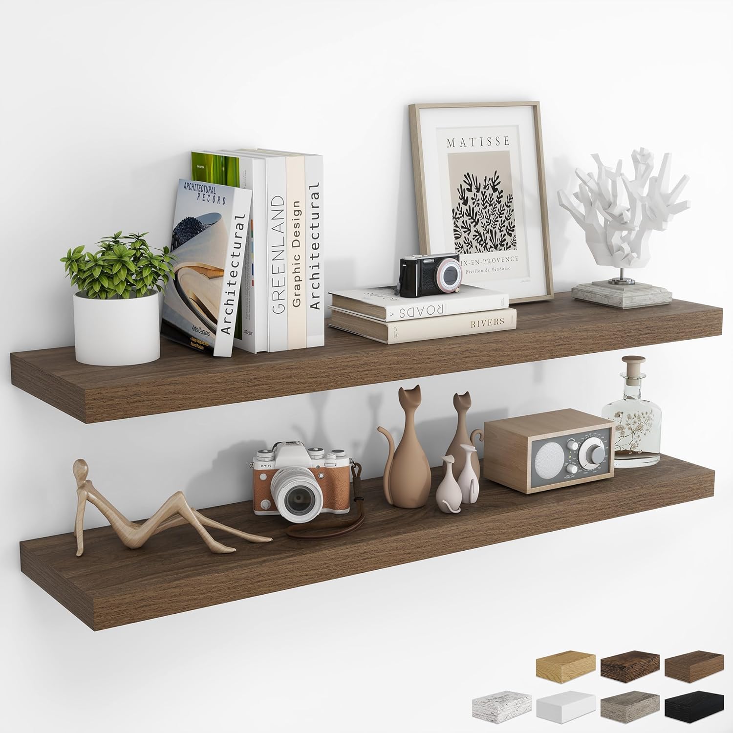 RICHFOCUS 48Inch Floating Shelves for Wall 2 Pack Shelves for Bedroom|Kitchen|Bathroom Wall Mounted Rustic Wood Floating Shelf with Invisible Brackets for Books|Storage|Decor, Walnut