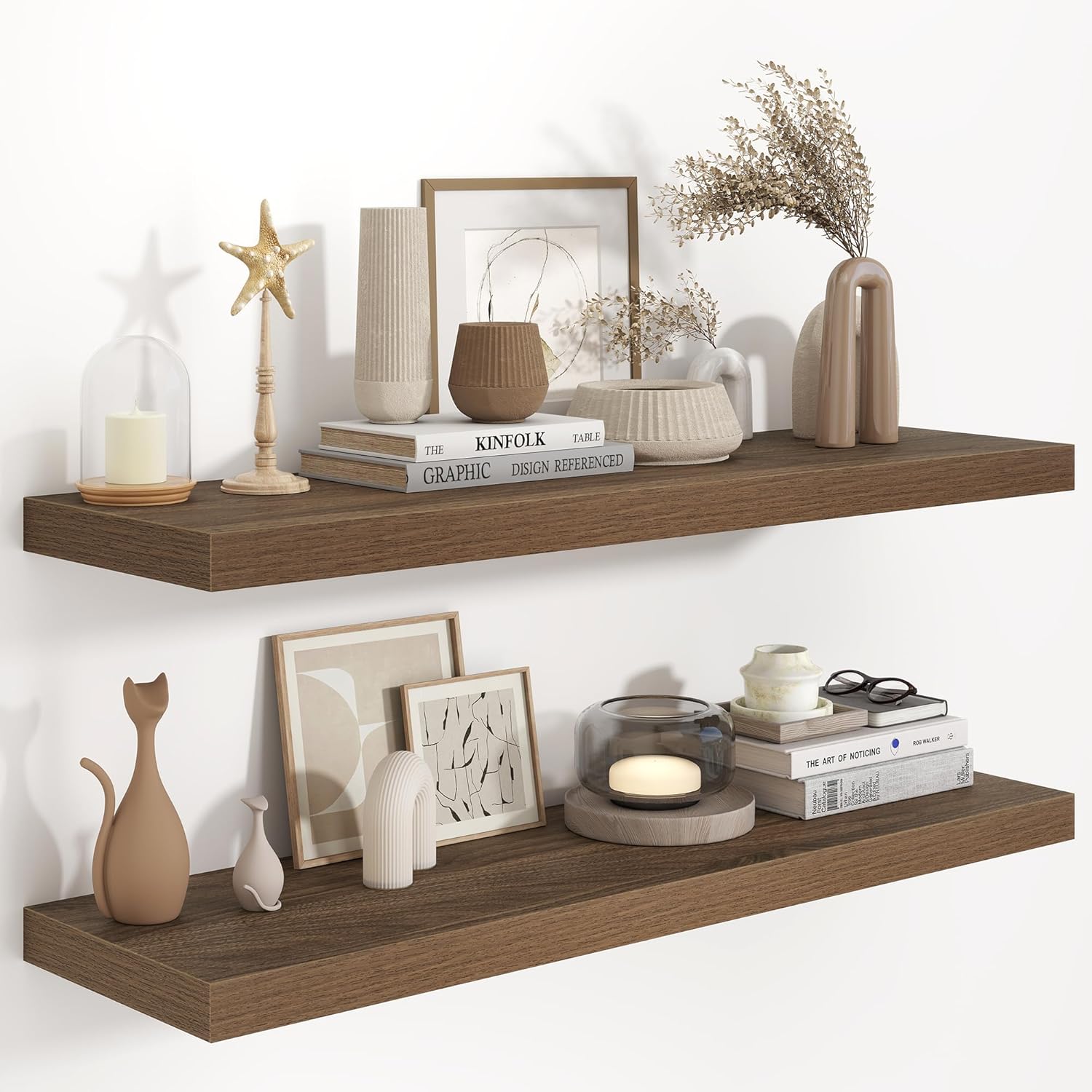 Fun Memories 48 Inch Floating Shelves in White, 9.3 Inch Deep Floating Shelf for Bathroom Living Room Kitchen, Rusitc Wall Mounted Bathroom Shelves 2 Pack, Heavy-Duty Deep Shelf for Books Decor