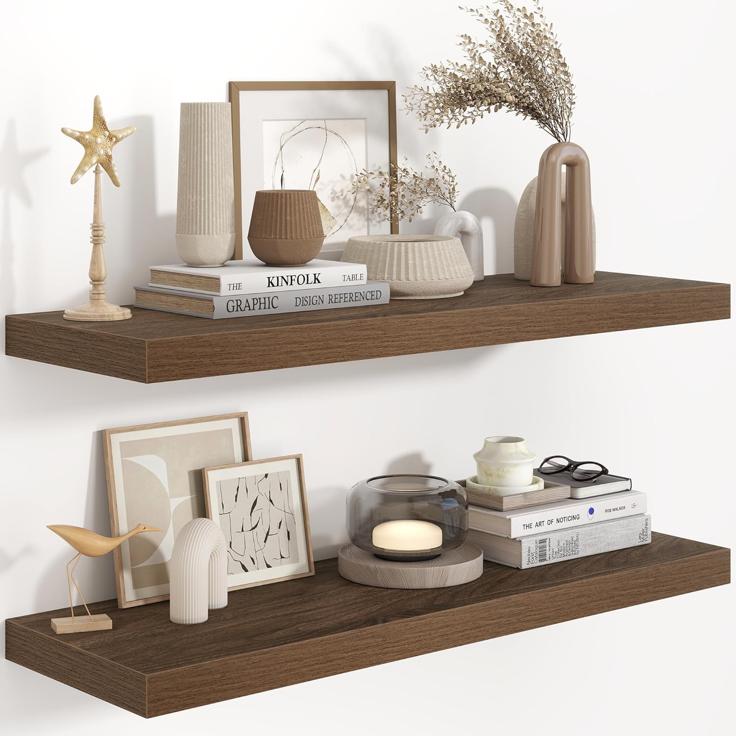 Fun Memories 48 Inch Floating Shelves in White, 9.3 Inch Deep Floating Shelf for Bathroom Living Room Kitchen, Rusitc Wall Mounted Bathroom Shelves 2 Pack, Heavy-Duty Deep Shelf for Books Decor