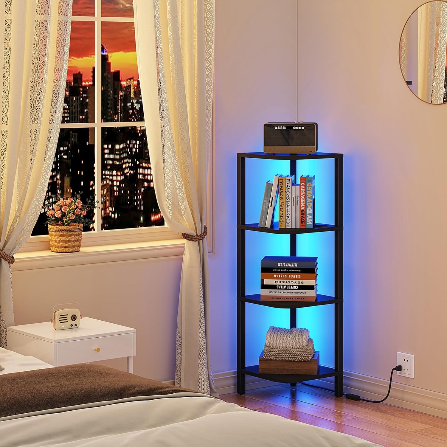 TUTOTAK 6-Tier Corner Bookshelf with LED Light,Corner Shelf for Small Space, Narrow Display Corner Shelf Stand with Storage Rack, for Living Room, Bedroom, Pure White V1BS05BW006L