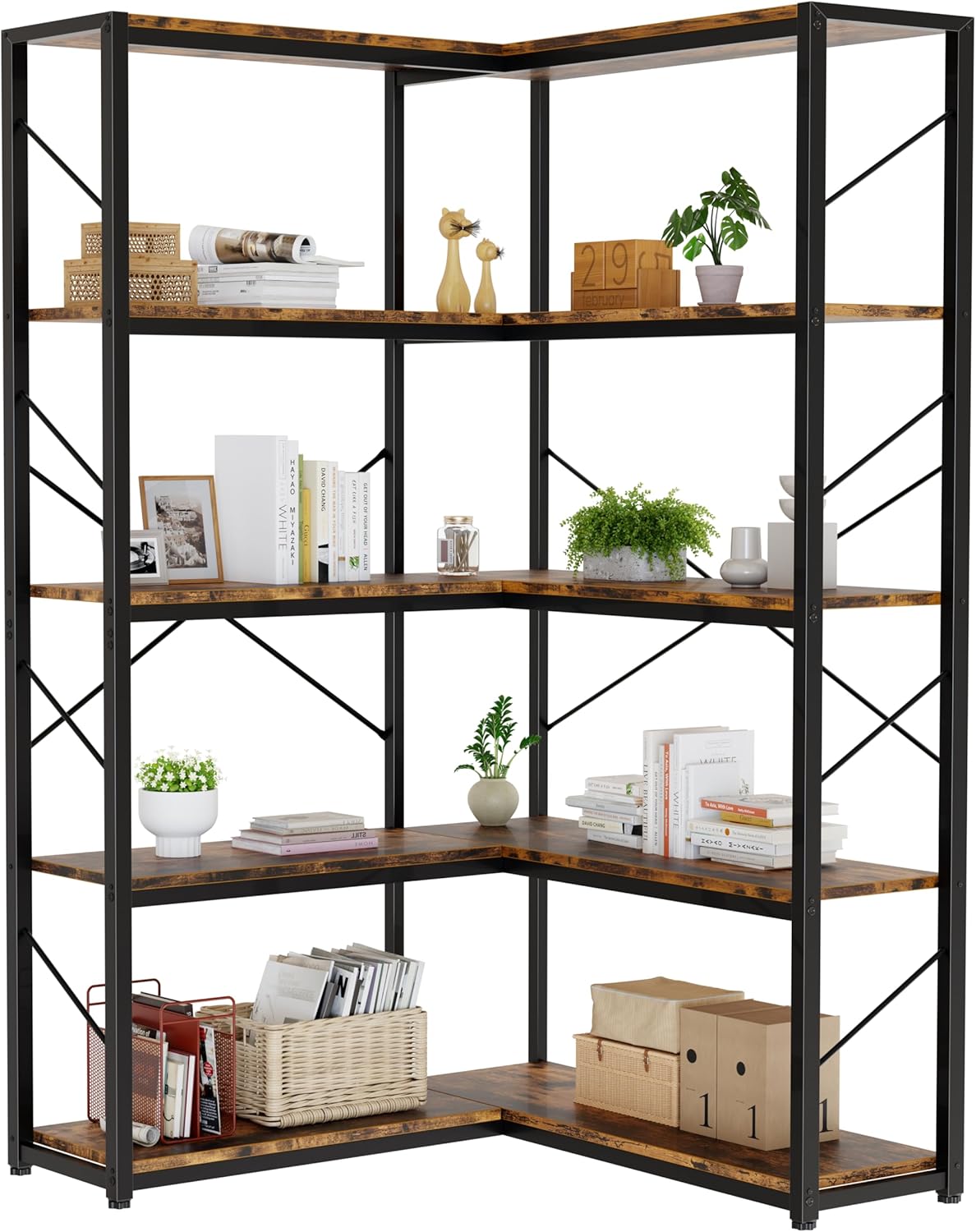 Shintenchi 5 Tier Corner Bookshelf,L Shaped Bookcase,Large Etagere Bookcase,Corner Shelf Display Storage Rack with Metal Frame for Living Room Bedroom Office,Rustic Brown