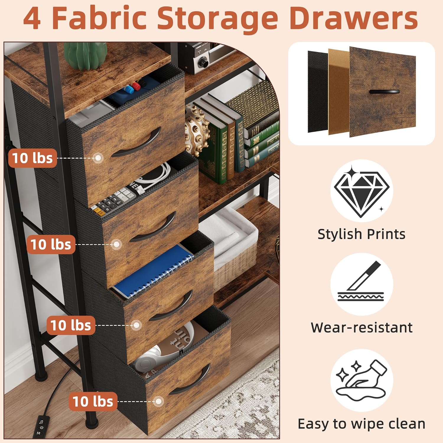 Corner Bookshelf with LED Light Strips & 4 Fabric Drawers, 5-Tier Convertible Corner Shelf with Display Shelf, Large Wood Industrial Bookcase for Living Room, Bedroom, Home Office, Rustic Brown