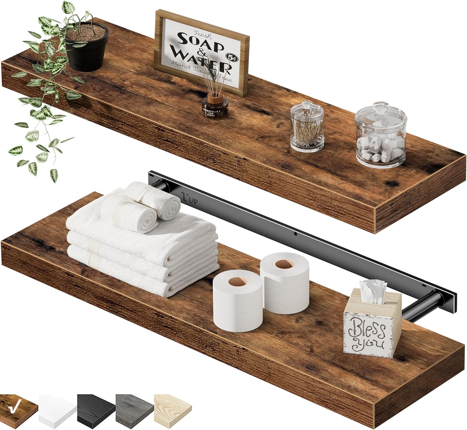 QEEIG Floating Shelves for Wall 47.2" Extra Long - Wall Shelf Bathroom Kitchen Living Room Bedroom Farmhouse Home Decor Display Bookshelf Large 47.2 x 9.3 inch Set of 2, Rustic Brown (008-120BN)