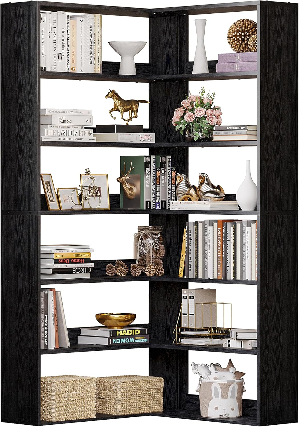 IRONCK Corner Bookshelf, Bookshelves 6 Tiers with Baffles Industrial Large Corner Etagere Bookcase Storage Display Rack for Living Room Home Office