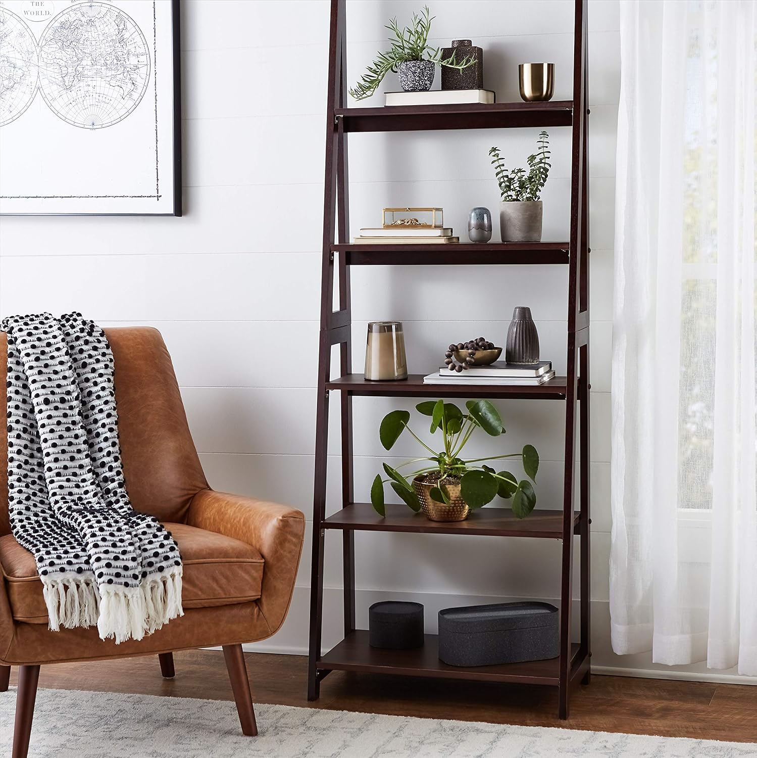 Amazon Basics Ladder Bookshelf Organizer, Solid Rubberwood Frame, Espresso Finish, 5 Shelves, 14" D x 24.8" W x 70.1" H